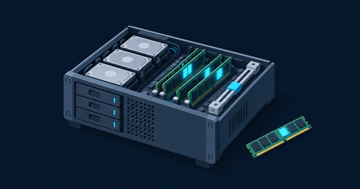 Open storage server chassis with three hard drives, glowing RAM modules and a slider control, beside a loose memory stick, representing ZFS ARC cache tuning